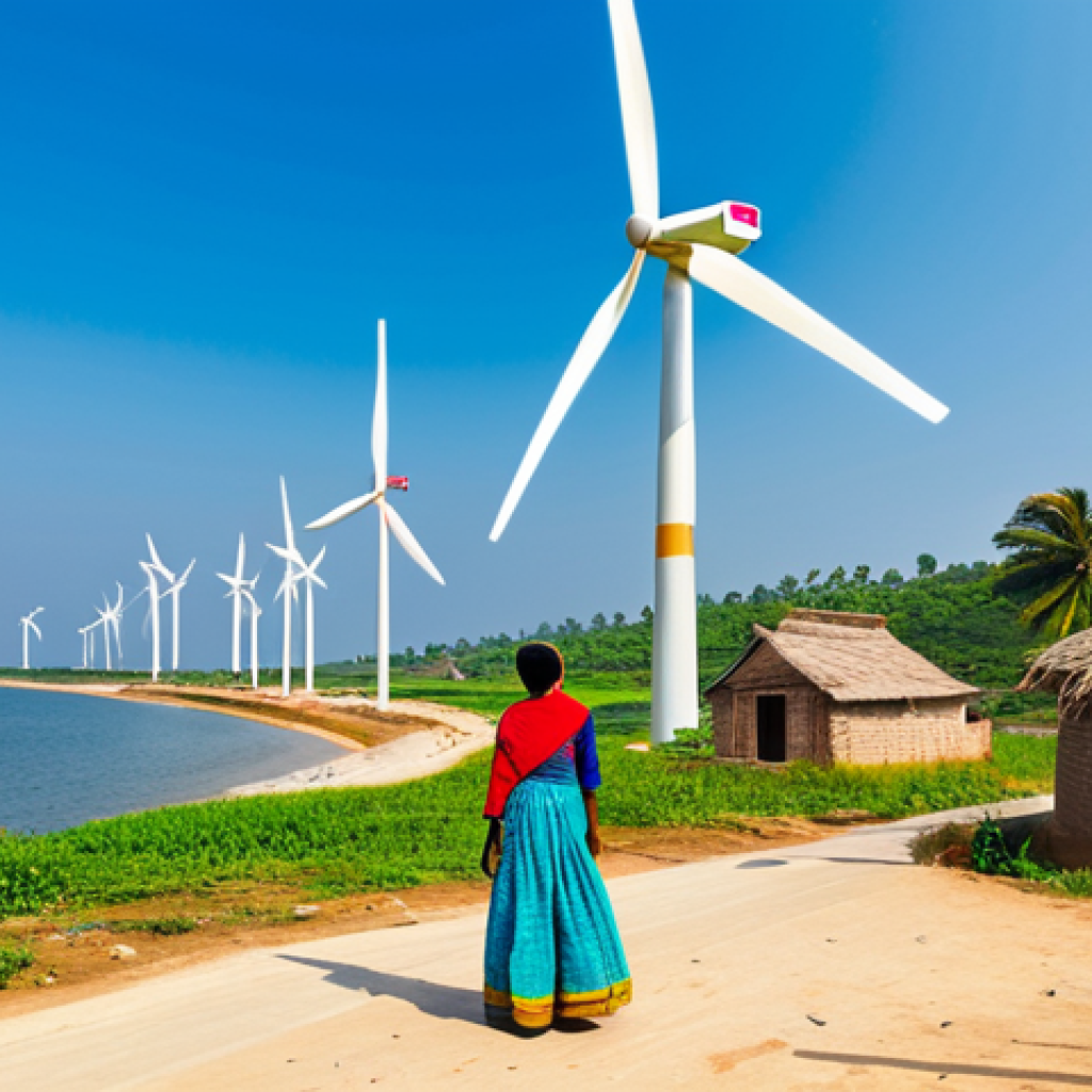 **

"A panoramic view of a coastal village in India with several modern wind turbines spinning offshore, fully clothed villagers in modest traditional attire going about their daily lives, bright sunny day, safe for work, appropriate content, perfect anatomy, natural proportions, professional photography, vibrant colors, sustainable energy, family-friendly."

**