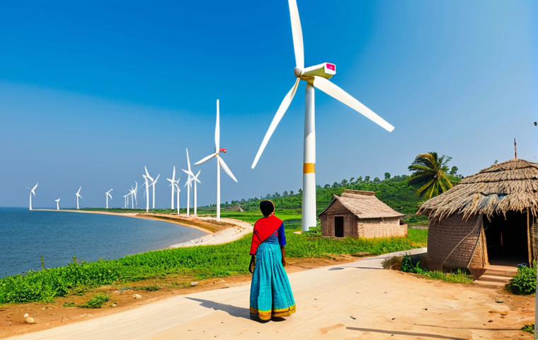 **

"A panoramic view of a coastal village in India with several modern wind turbines spinning offshore, fully clothed villagers in modest traditional attire going about their daily lives, bright sunny day, safe for work, appropriate content, perfect anatomy, natural proportions, professional photography, vibrant colors, sustainable energy, family-friendly."

**