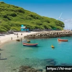 Home 22 해양자원 개발과 해양 안전 - The Sustainable Blue Economy: A Coastal Harmony**
A picturesque, vibrant coastal village scene bathe...