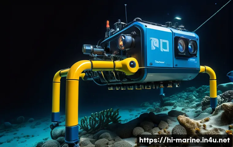 심해 탐사 기법 - A highly detailed underwater scene showcasing a modern Remote Operated Vehicle (ROV) exploring the d...