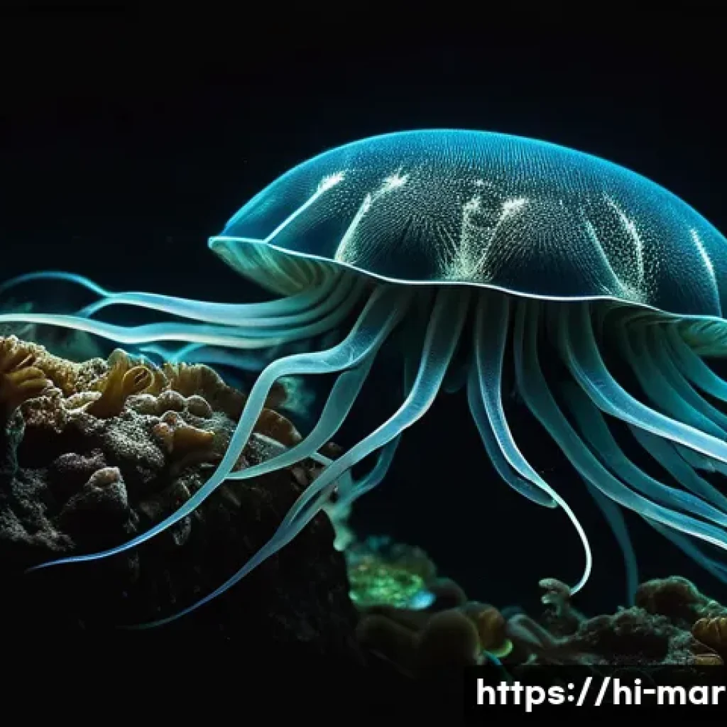 심해의 생태계와 자원 개발 - A mesmerizing deep-sea scene showcasing diverse bioluminescent marine creatures with translucent bod...
