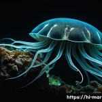 심해의 생태계와 자원 개발 - A mesmerizing deep-sea scene showcasing diverse bioluminescent marine creatures with translucent bod...