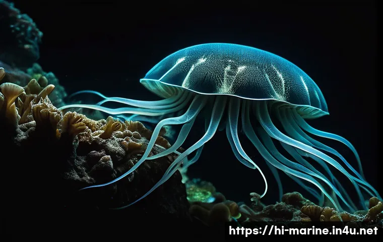 심해의 생태계와 자원 개발 - A mesmerizing deep-sea scene showcasing diverse bioluminescent marine creatures with translucent bod...