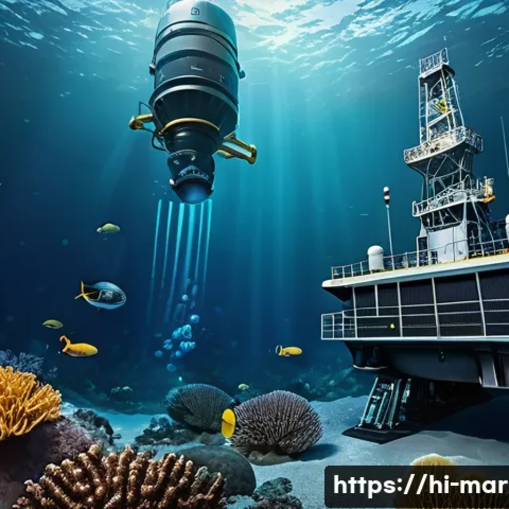 심해석유 개발 - A highly detailed underwater scene showcasing advanced robotic drilling equipment operating on the o...