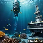 심해석유 개발 - A highly detailed underwater scene showcasing advanced robotic drilling equipment operating on the o...