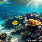해양자원 개발과 해양 오염 - A vibrant underwater scene depicting diverse marine life including colorful coral reefs, various fis...