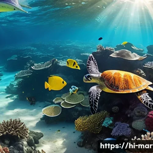 해양자원 개발과 해양 오염 - A vibrant underwater scene depicting diverse marine life including colorful coral reefs, various fis...