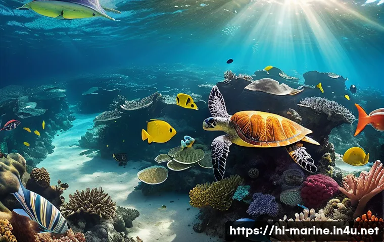 해양자원 개발과 해양 오염 - A vibrant underwater scene depicting diverse marine life including colorful coral reefs, various fis...