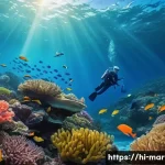 해양자원 개발의 사회적 책임 - A vibrant underwater scene depicting a diverse marine ecosystem with colorful fish species, coral re...