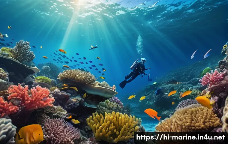 해양자원 개발의 사회적 책임 - A vibrant underwater scene depicting a diverse marine ecosystem with colorful fish species, coral re...