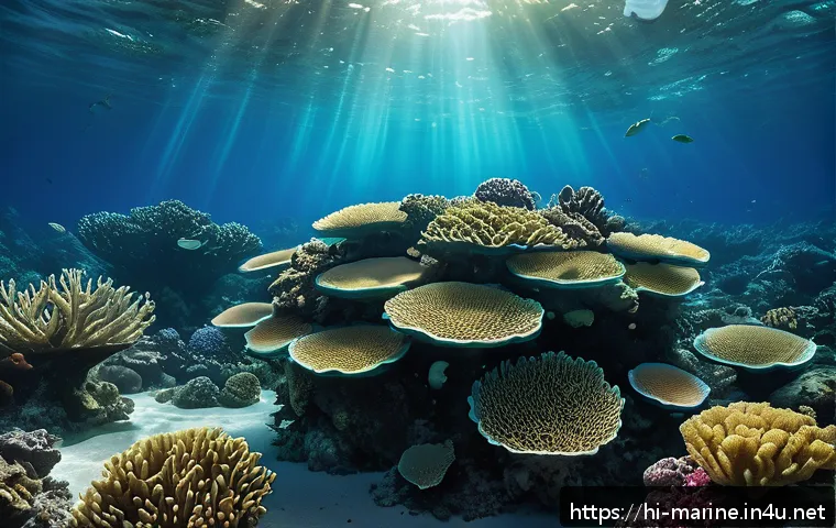 해양자원 개발 프로젝트 사례 - A futuristic underwater scene showing a network of AI-powered smart sensors attached to coral reefs ...