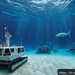 해양법과 대륙붕 자원 개발 - A highly detailed underwater scene showcasing advanced robotic underwater vehicles and sonar mapping...