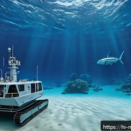 해양법과 대륙붕 자원 개발 - A highly detailed underwater scene showcasing advanced robotic underwater vehicles and sonar mapping...