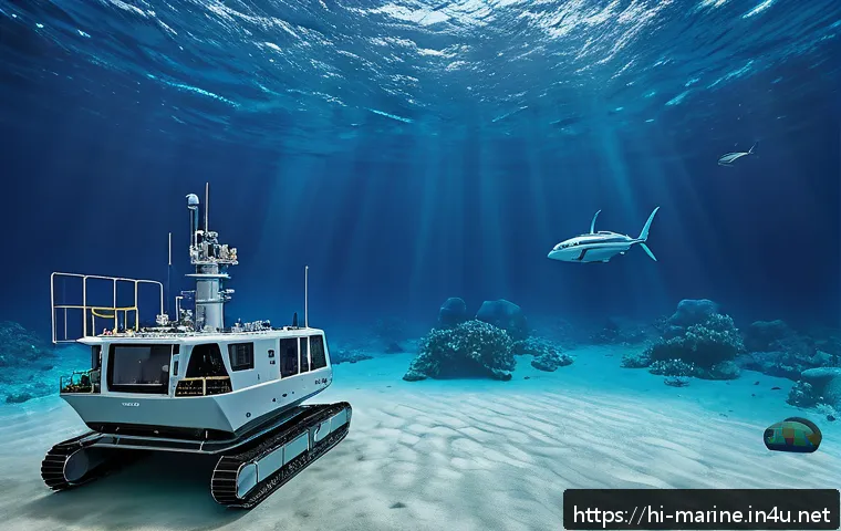 해양법과 대륙붕 자원 개발 - A highly detailed underwater scene showcasing advanced robotic underwater vehicles and sonar mapping...